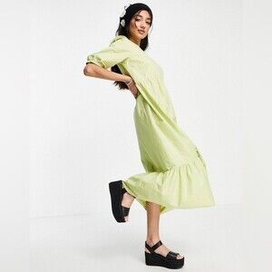 Lumina poplin button up midi dress in lime green